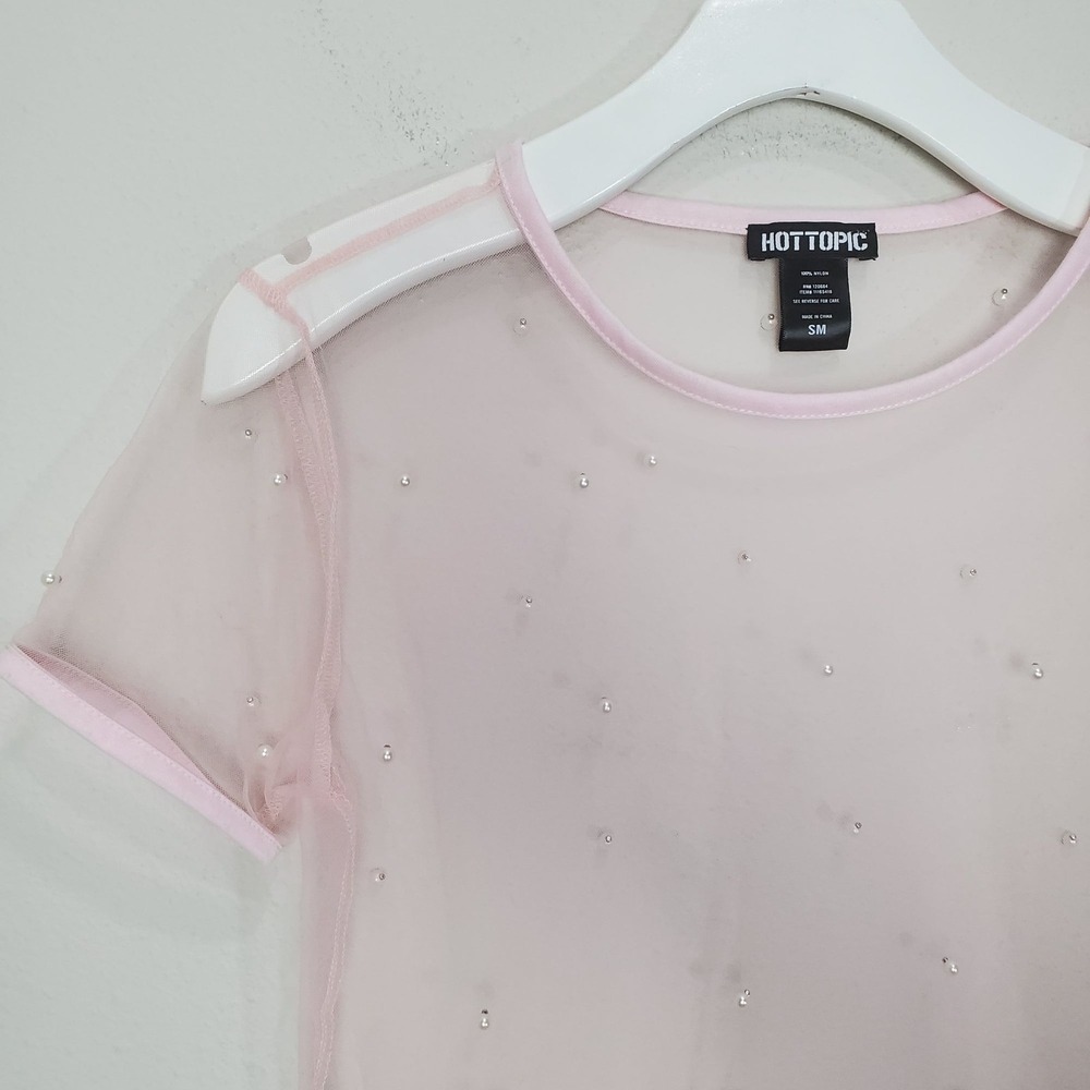 Hot Topic Womens Coquette Fairy Dainty Pearl Mesh Top S Pink Sheer Embellished - Picture 7 of 9